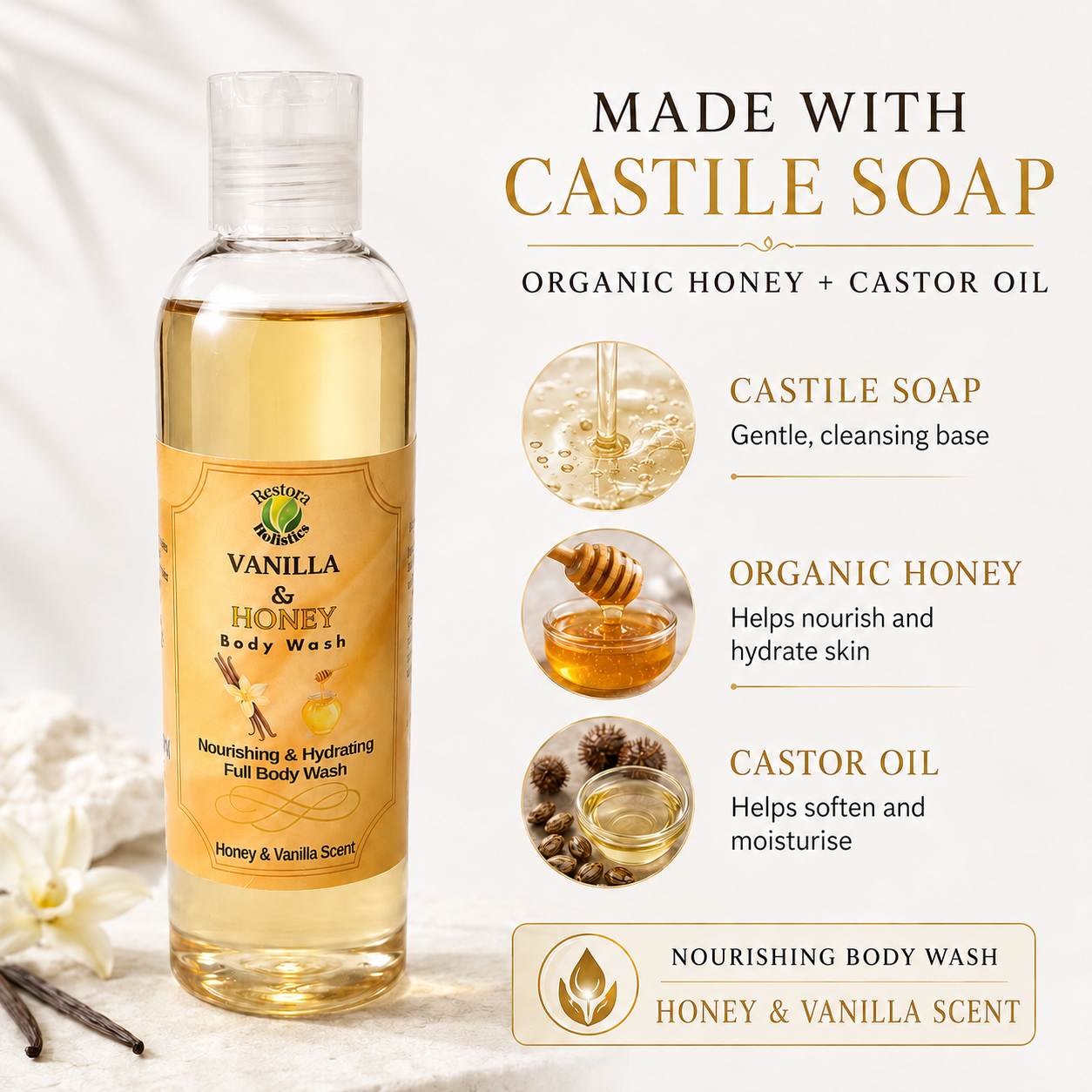 A bottle of Vanilla & Honey Body Wash shown next to marketing text highlighting castile soap, organic honey, and castor oil. The bottle contains a golden-yellow liquid and has a yellow label with brown text and illustrations of vanilla and honey.