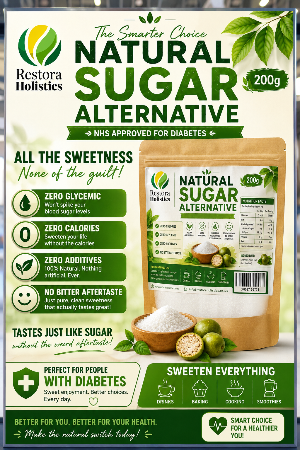 Monk Fruit Sweetener – Zero Calorie Natural Sugar Alternative | 200g