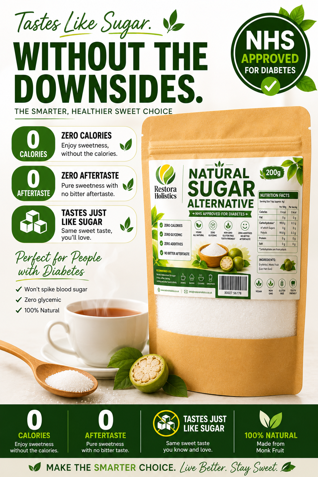 Monk Fruit Sweetener – Zero Calorie Natural Sugar Alternative | 200g