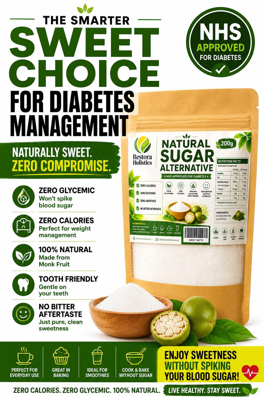 Monk Fruit Sweetener – Zero Calorie Natural Sugar Alternative | 200g