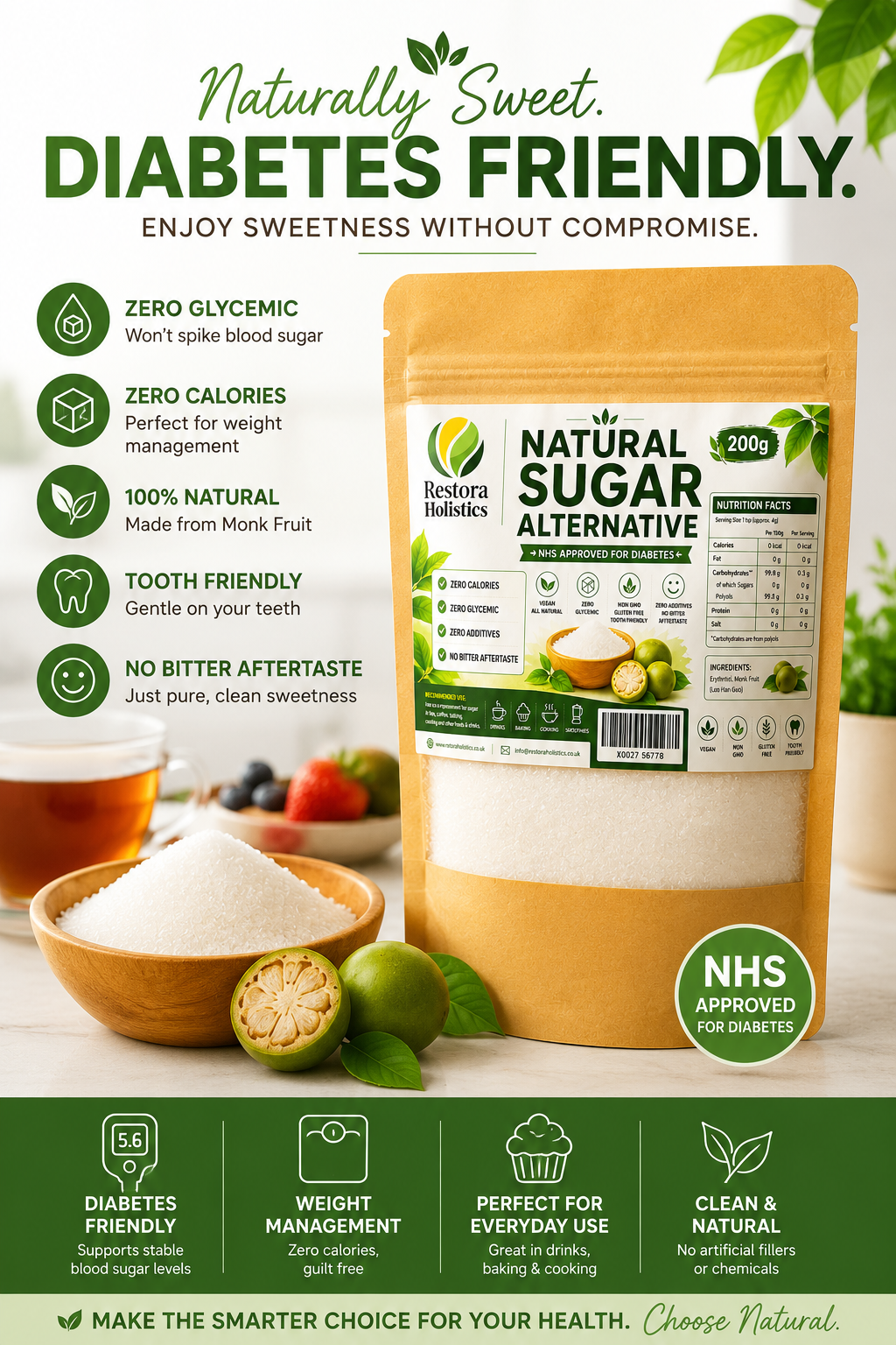 Monk Fruit Sweetener – Zero Calorie Natural Sugar Alternative | 200g