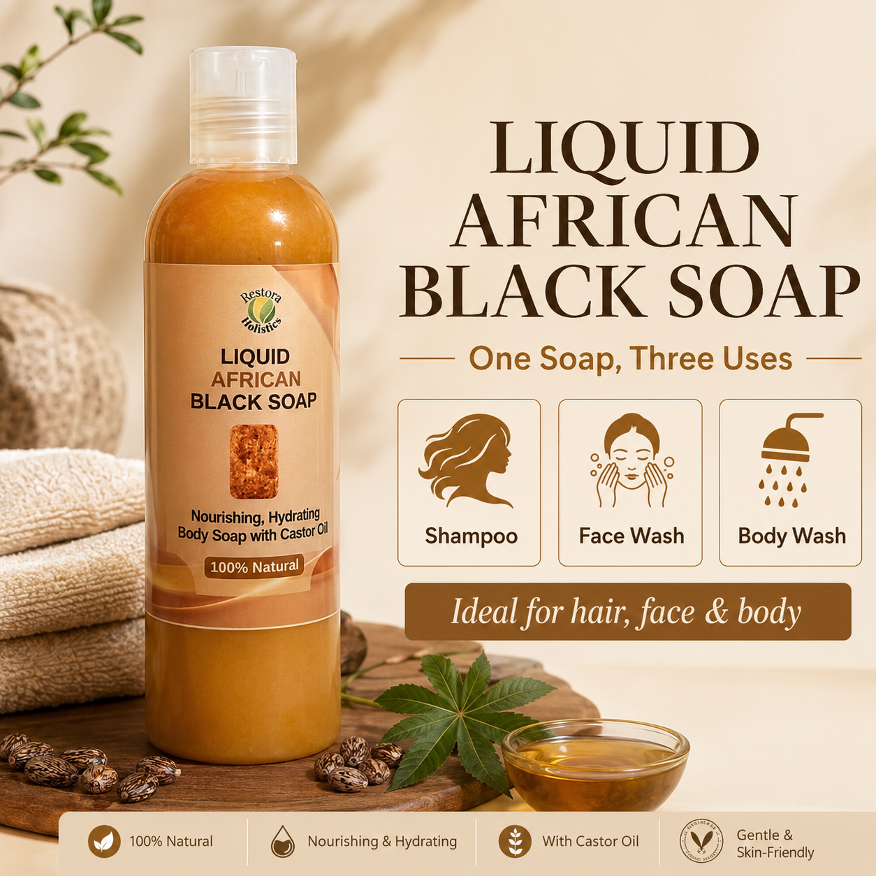 A bottle of liquid African black soap shown on a styled beige background with text reading 'LIQUID AFRICAN BLACK SOAP' and icons for shampoo, face wash, and body wash uses. The bottle contains an orange-brown liquid and has a tan label with a white cap.