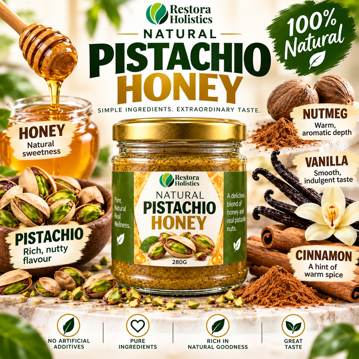 Pistachio Honey – Creamy Nutty Honey with Cinnamon, Vanilla & Nutmeg
