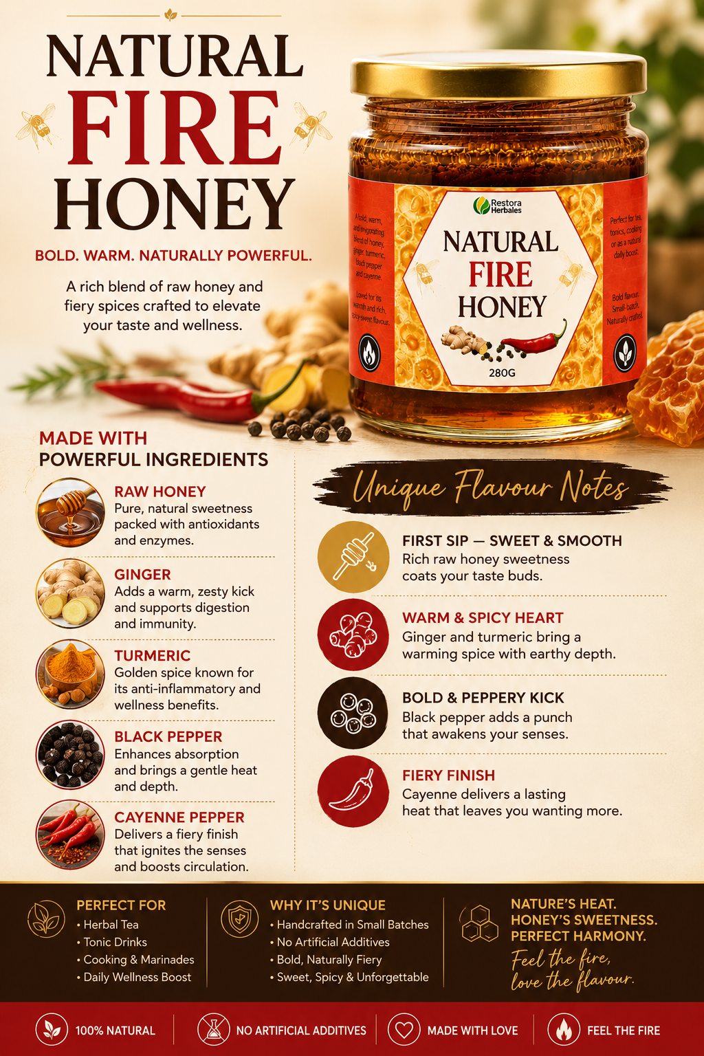 Natural Fire Honey | Spiced Honey with Ginger, Turmeric, Cinnamon & Cayenne | Premium Infused Honey for Tea, Toast & Cooking