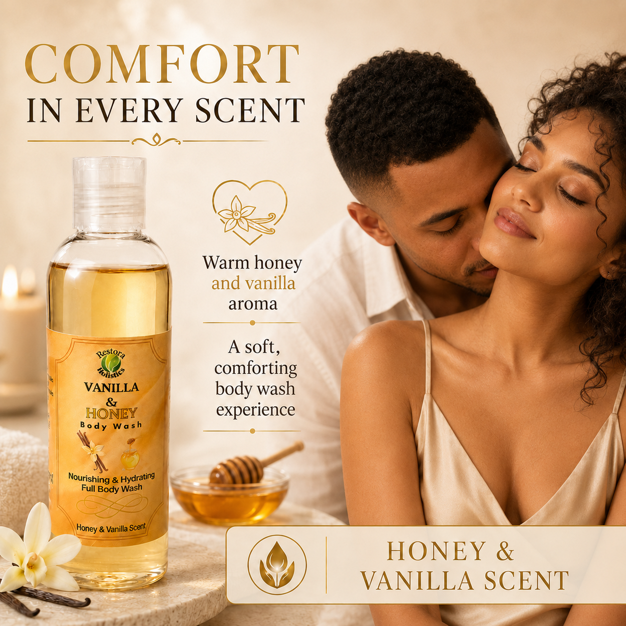A bottle of Vanilla & Honey body wash is shown in a spa-like setting next to a couple embracing, with text reading 'COMFORT IN EVERY SCENT' and 'HONEY & VANILLA SCENT'.