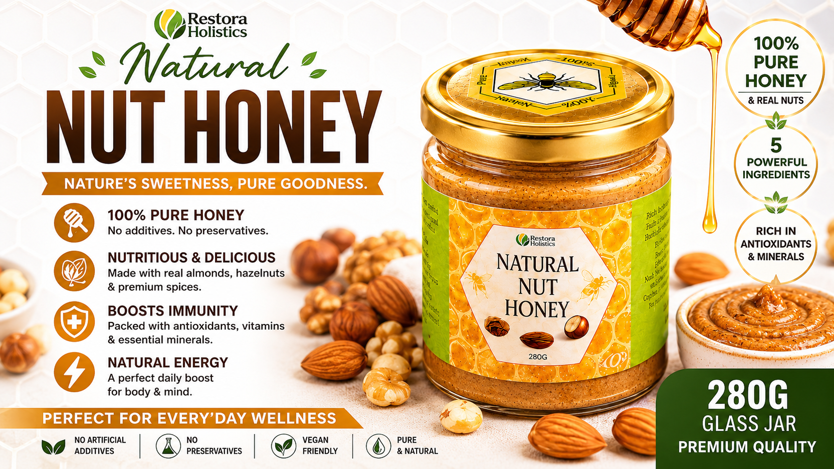 A jar of Restora Holistics Natural Nut Honey displayed on a white background with promotional text, almonds, and a honey dipper. The label is green and gold with text highlighting pure honey, natural ingredients, and health benefits.