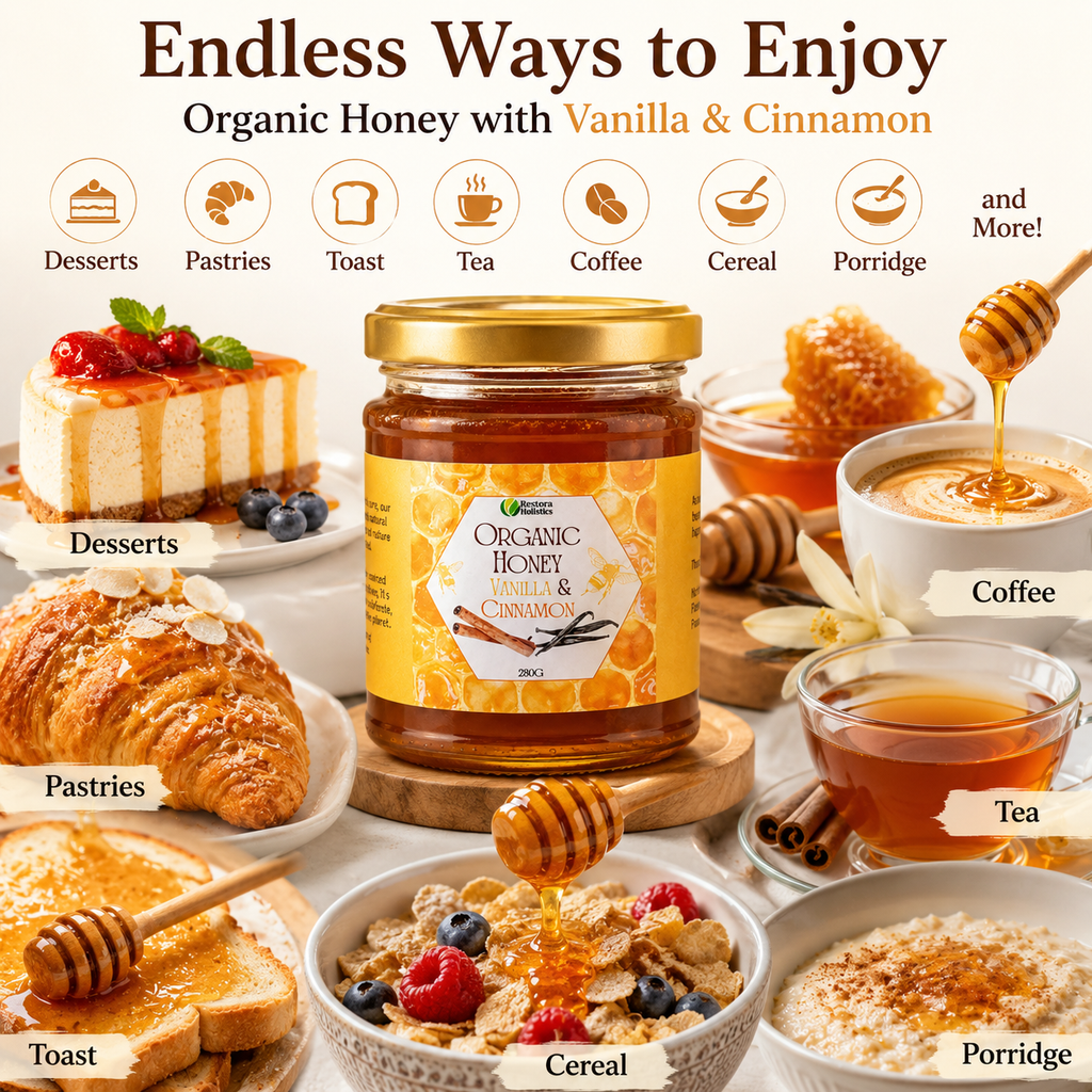 A jar of organic honey with vanilla and cinnamon is centered in a styled food collage. The label reads 'Organic Honey with Vanilla & Cinnamon' and shows the brand Honey Select.