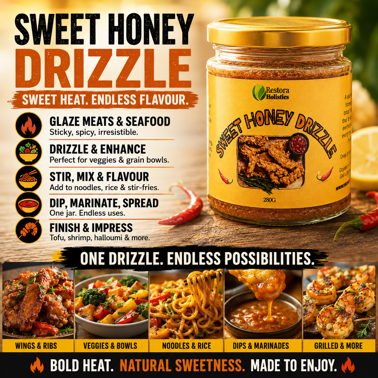 Hot Honey Drizzle with chilli and ginger – spicy sweet glaze for cooking – Restora Holistics
