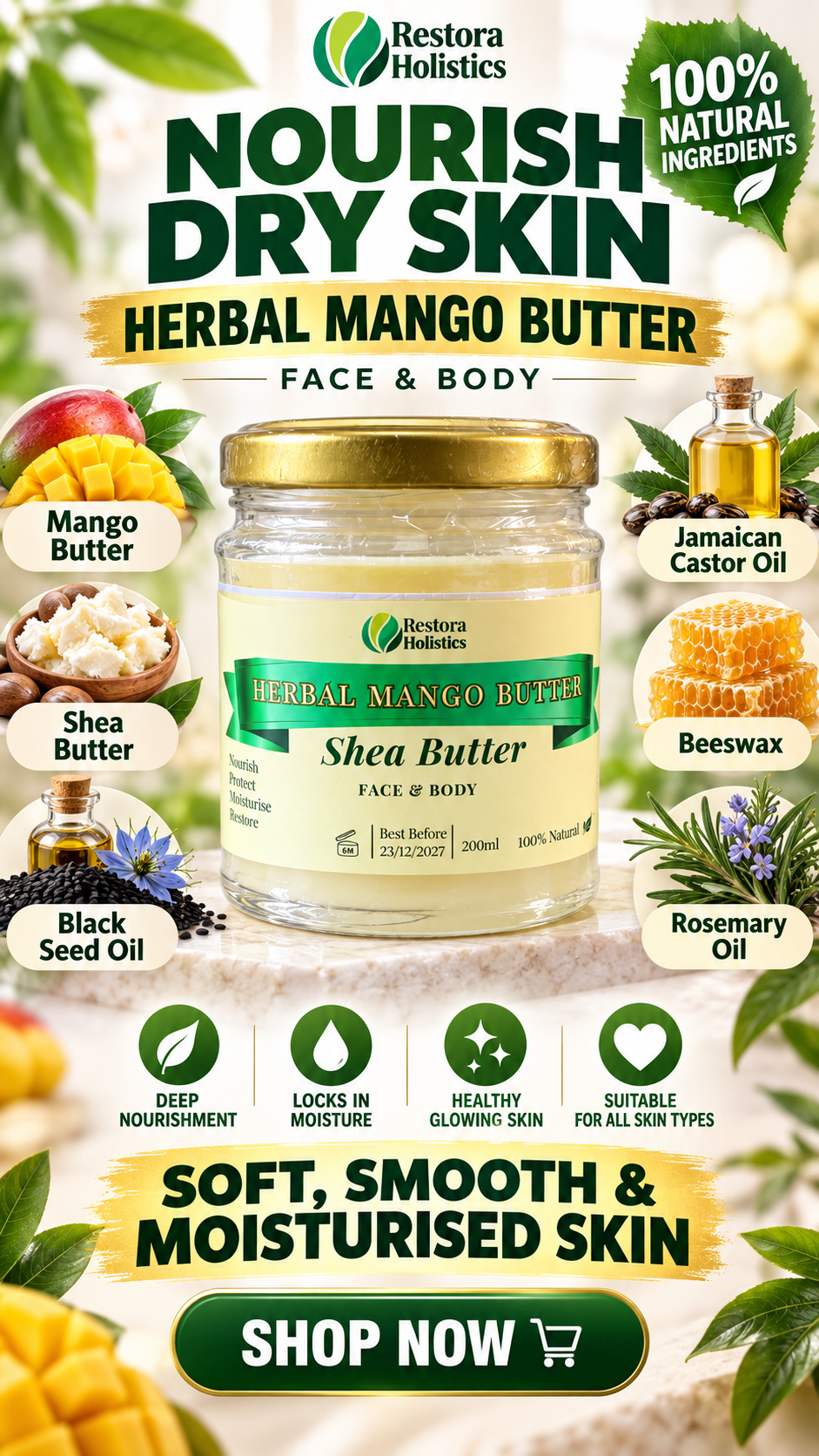 Mango Butter & Shea Butter Body Moisturiser for Very Dry Skin with Black Seed Oil