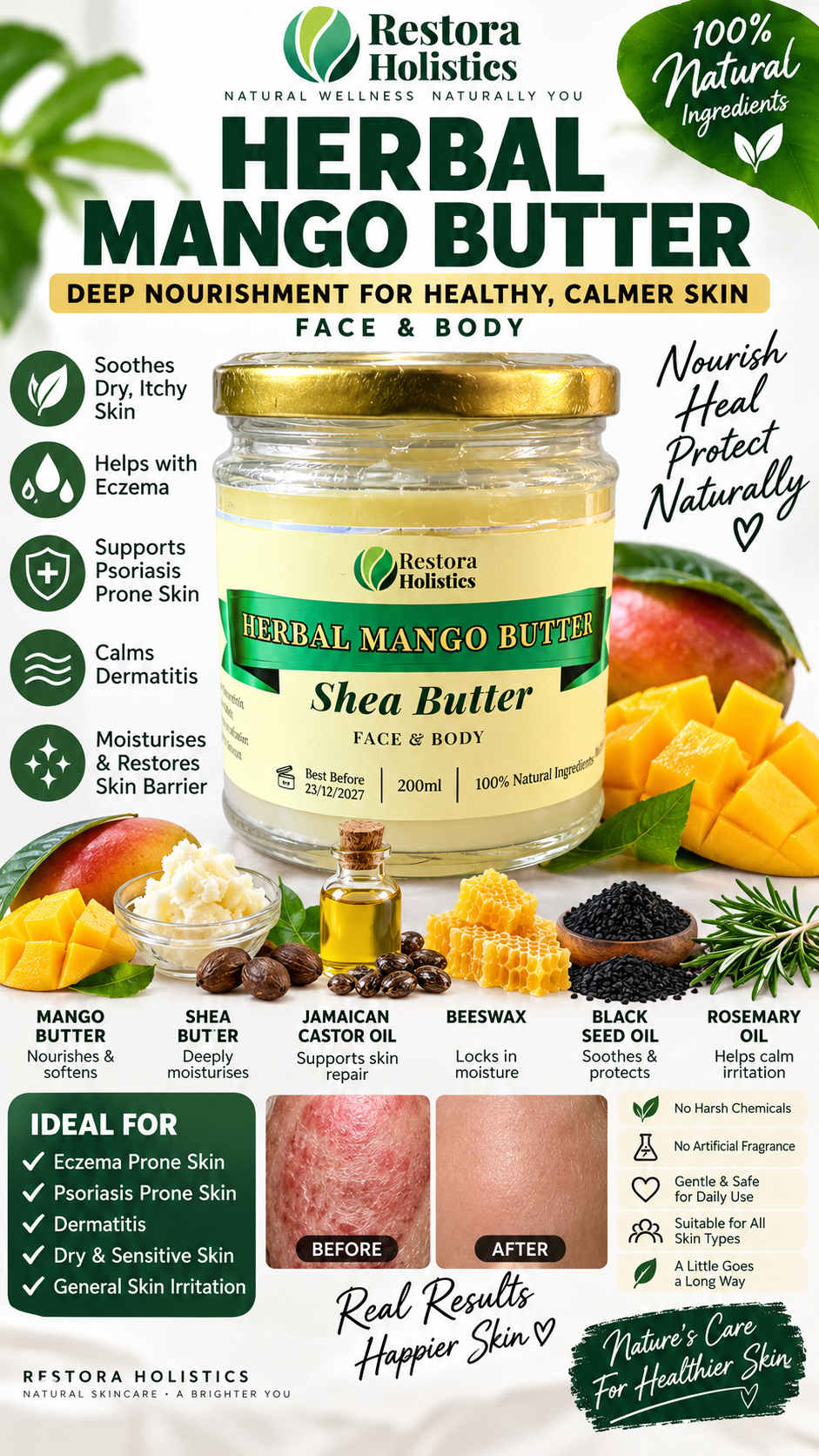Mango Butter & Shea Butter Body Moisturiser for Very Dry Skin with Black Seed Oil