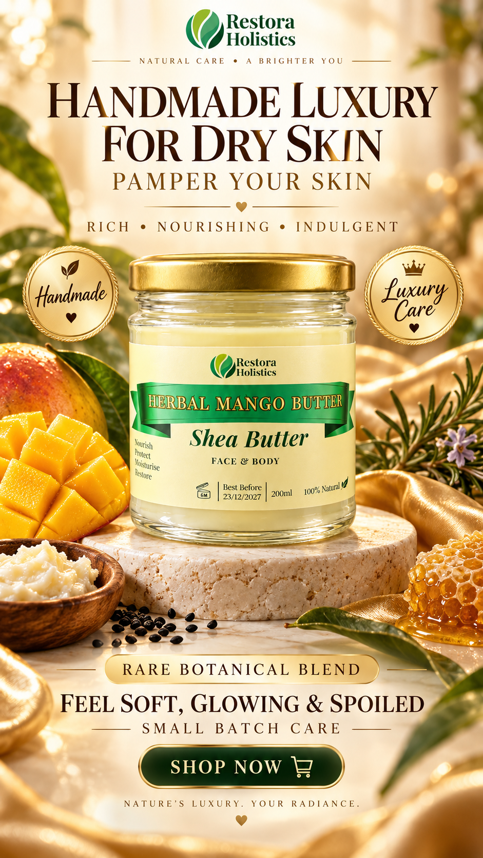 Mango Butter & Shea Butter Body Moisturiser for Very Dry Skin with Black Seed Oil