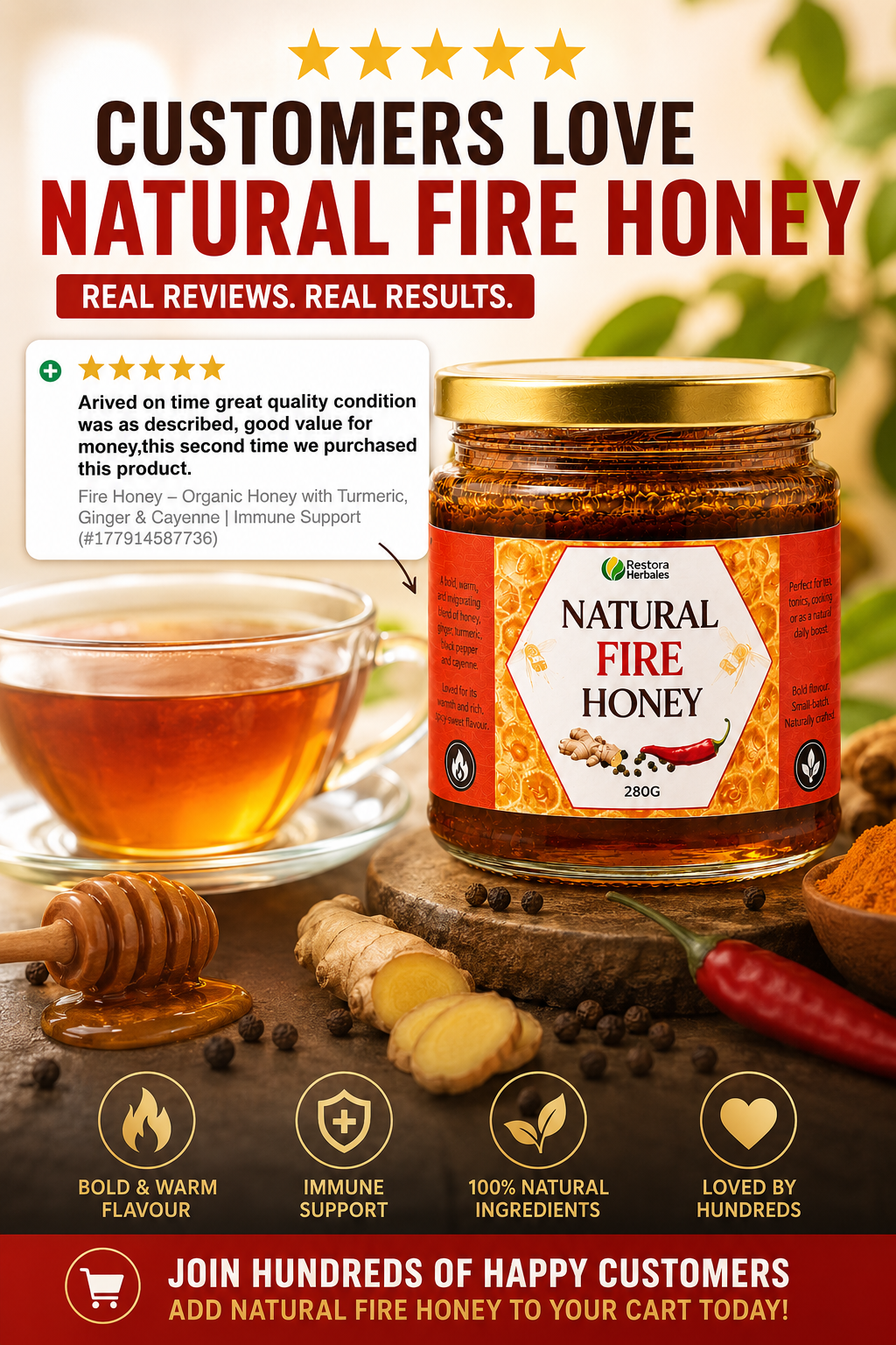 A jar of Natural Fire Honey displayed on a rustic wooden surface with ginger, chili peppers, and a glass of honey. The image includes promotional text at the top and bottom, featuring customer reviews and product benefits.