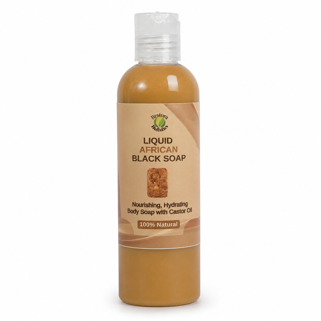 A bottle of Living Nature Liquid African Black Soap body soap with a beige label and clear cap, shown on a white background.