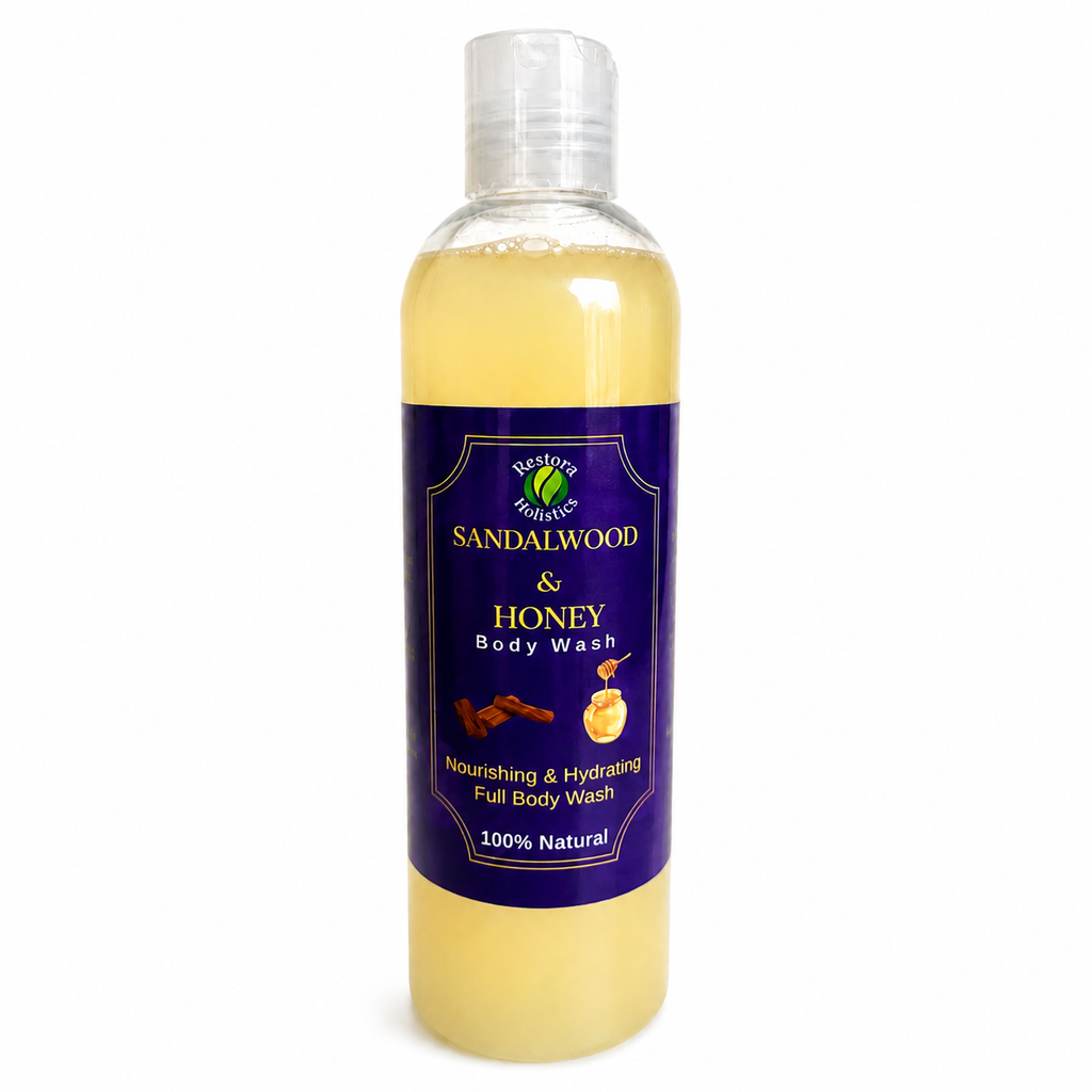 A bottle of Sandalwood & Honey Body Wash with a purple label and clear cap, containing a pale yellow liquid, shown on a white background.