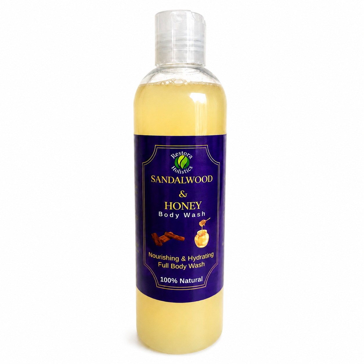 A bottle of Sandalwood & Honey Body Wash with a purple label and clear cap, containing a pale yellow liquid, shown on a white background.