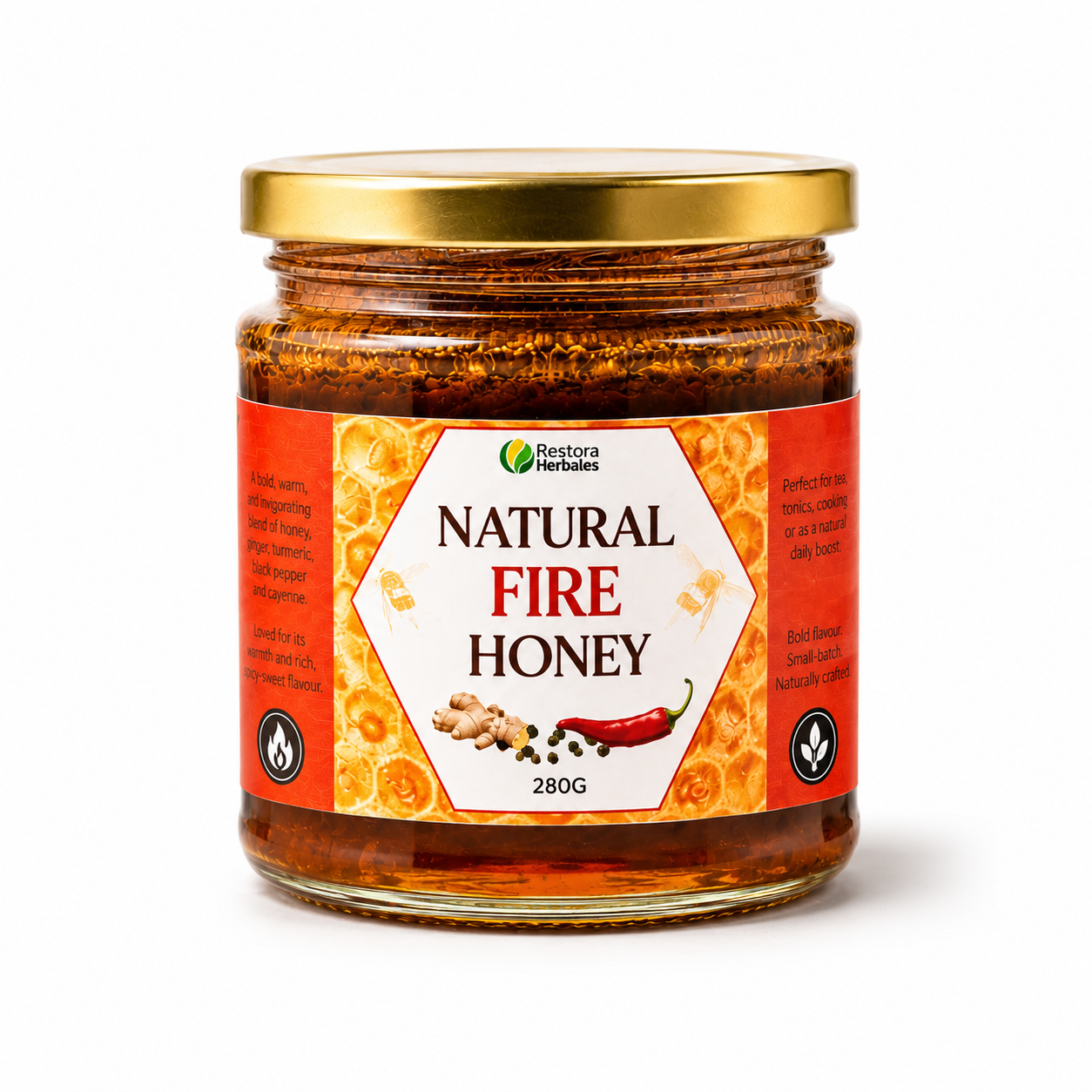 'Natural Fire Honey' with a gold metal lid and a red and white label, set against a plain white background.