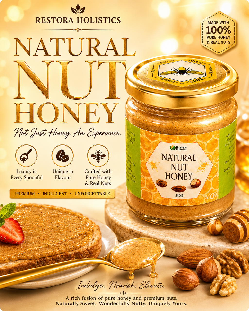 A jar of Restora Holistics Natural Nut Honey displayed on a golden background with almonds, walnuts, a honey dipper, and text highlighting premium nut honey.