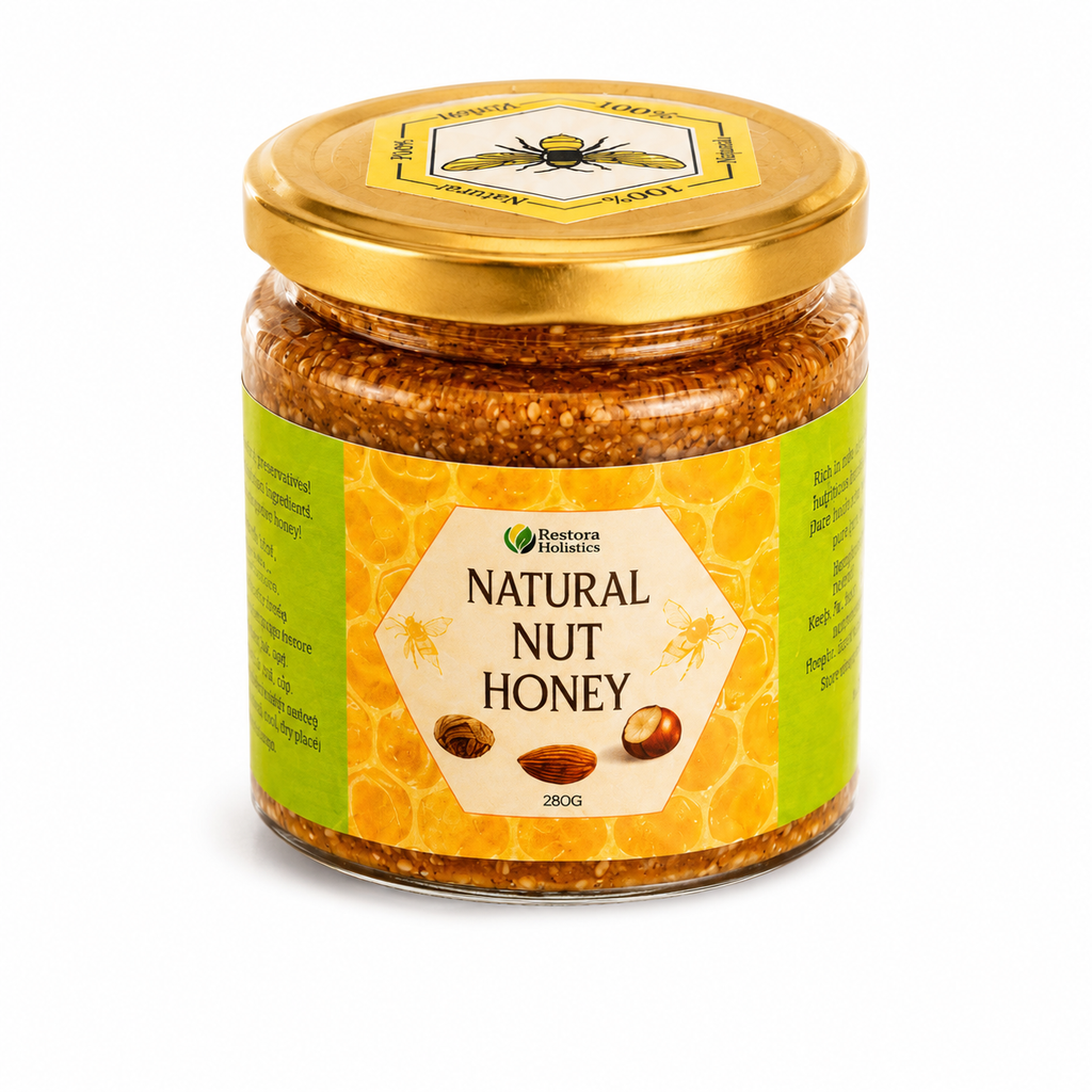  Natural Nut Honey with a gold lid and a yellow and green label, set against a plain white background.
