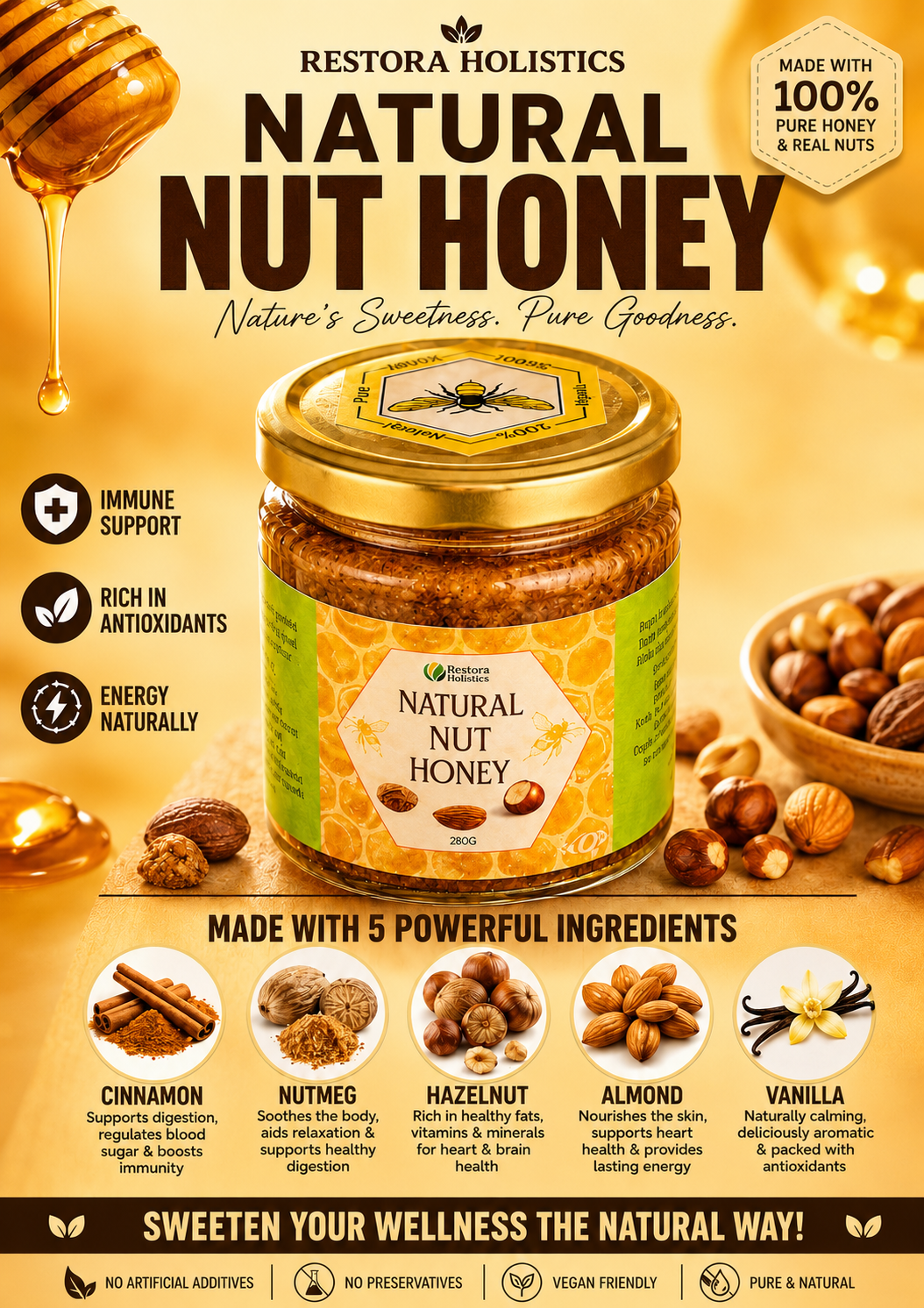 A golden honey jar labeled 'Natural Nut Honey' by Restora Holistics, centered on a warm honey-toned promotional background with nuts, honey drips, icons, and text highlighting ingredients and benefits.