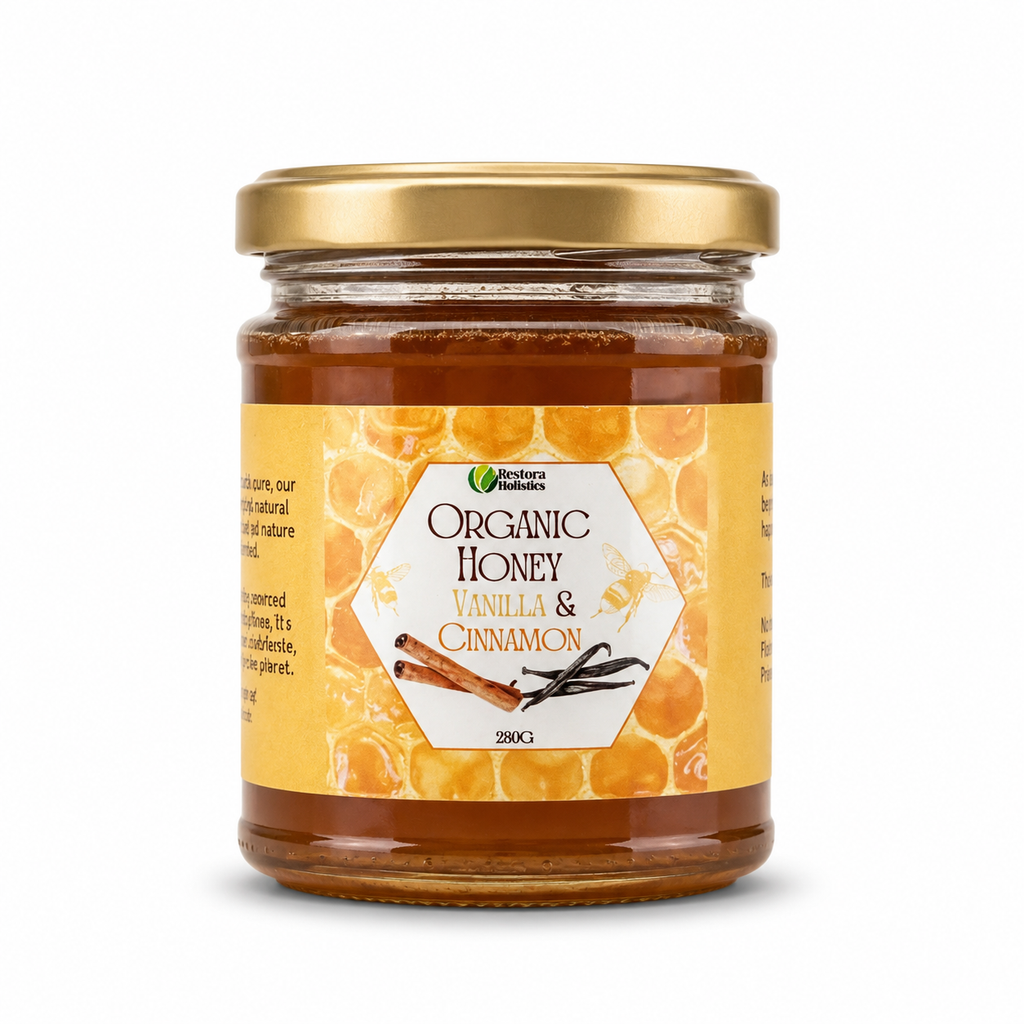 A jar of Nature's  Organic Honey Vanilla & Cinnamon on a white background. The product is in a clear glass jar with a gold metal lid, showing the dark golden-brown honey inside.