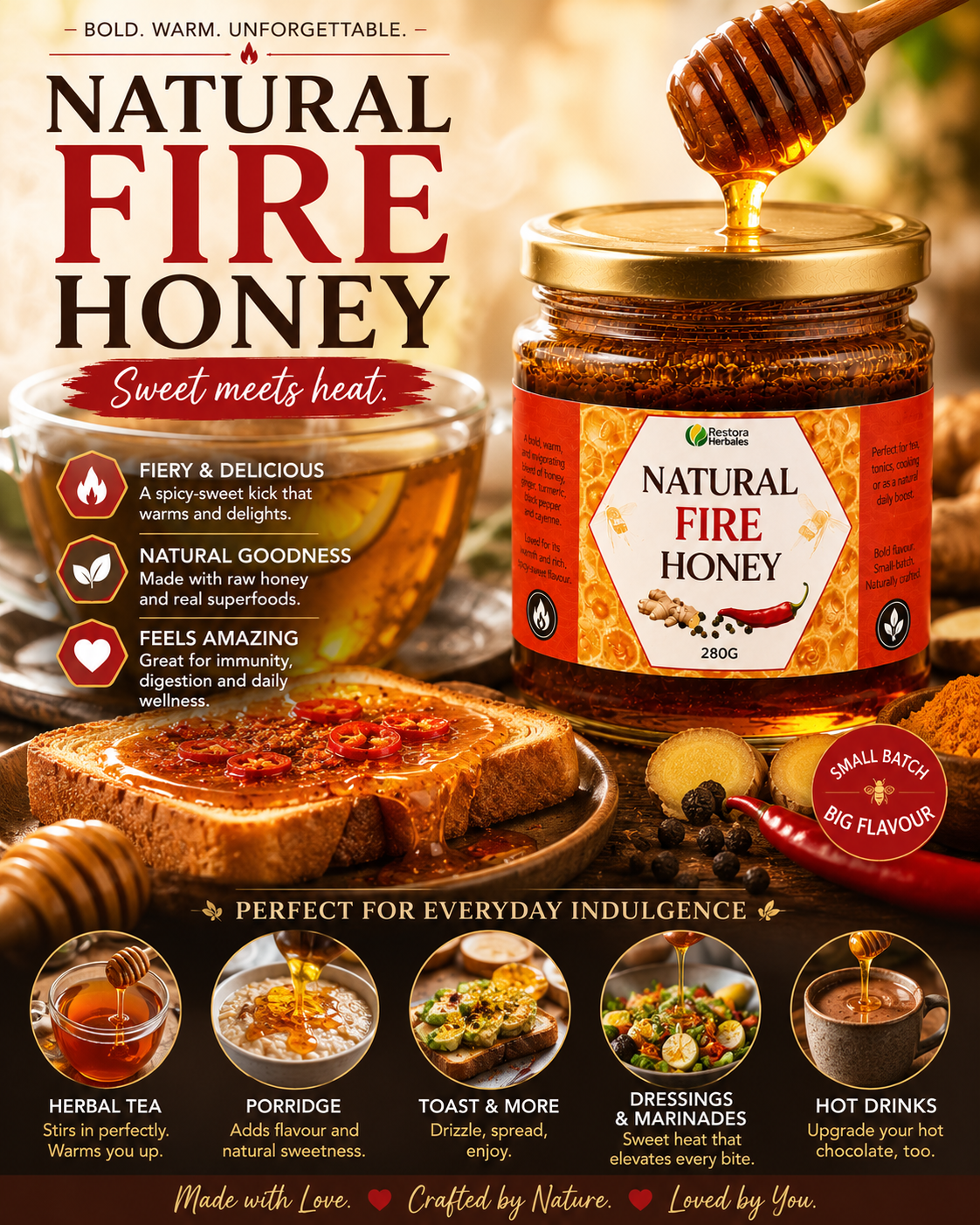 Restora Holistics Fire Honey – natural spiced honey with ginger turmeric and cayenne pepper
