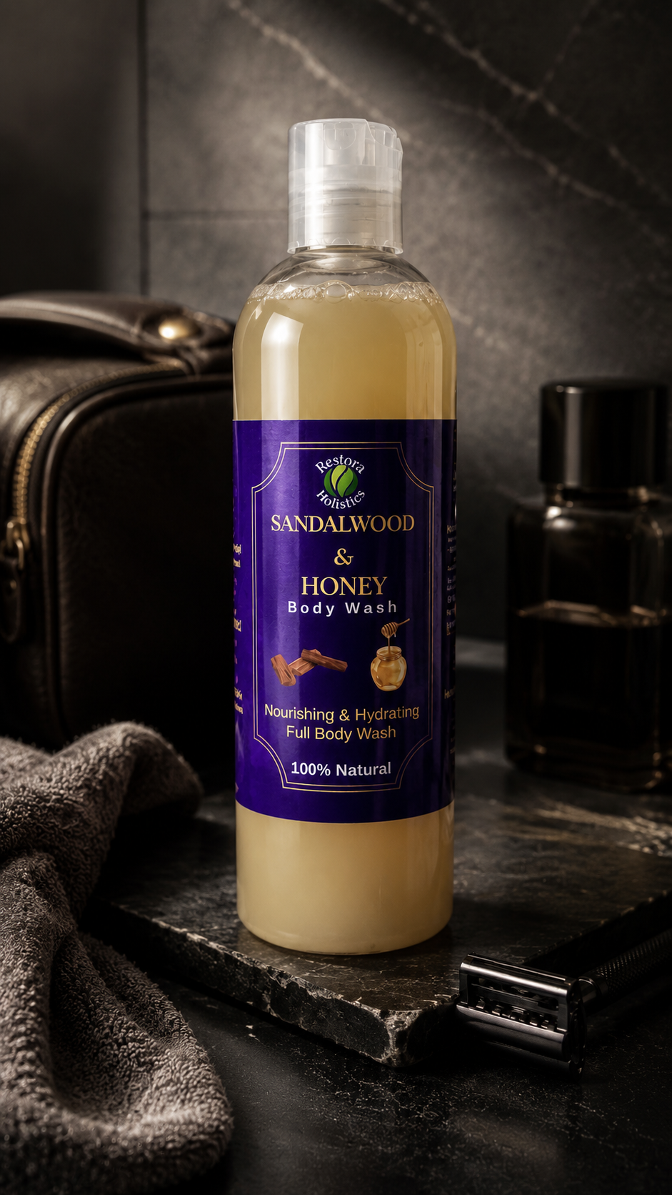 Restora Holistics men's Castile liquid soap – Sandalwood Vanilla scent for daily use