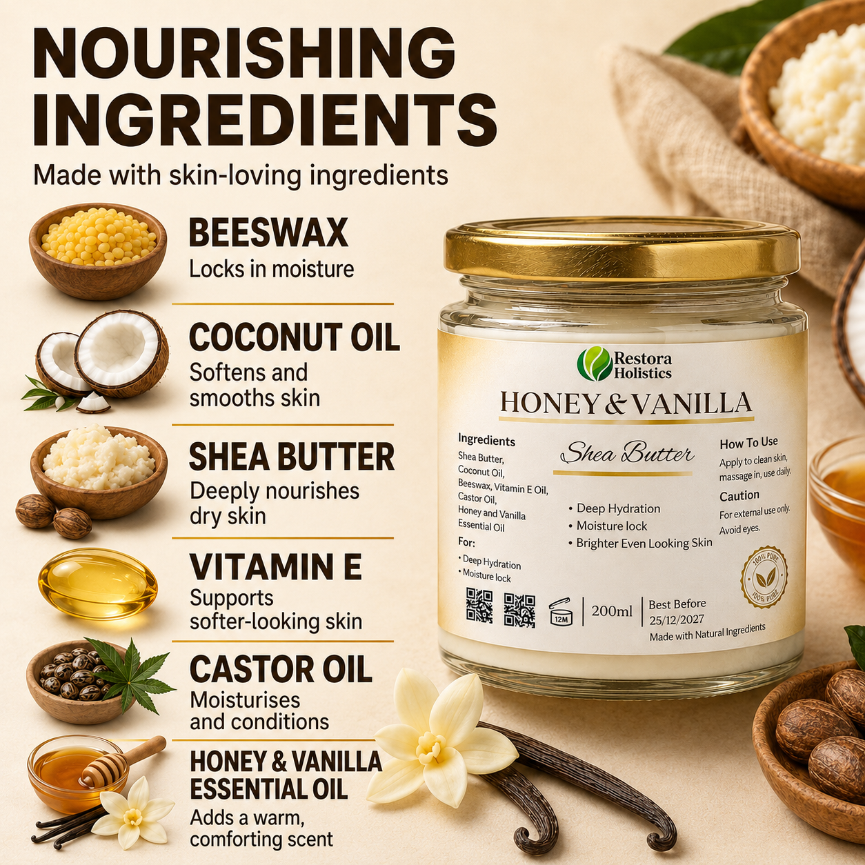 A jar of Restora Naturals Honey & Vanilla Shea Butter essential oil shown on a styled beige background with ingredient callouts including beeswax, coconut oil, shea butter, vitamin E, castor oil, and honey. The product jar is centered and clearly visible, with decorative food props around it and text describing the nourishing ingredients.