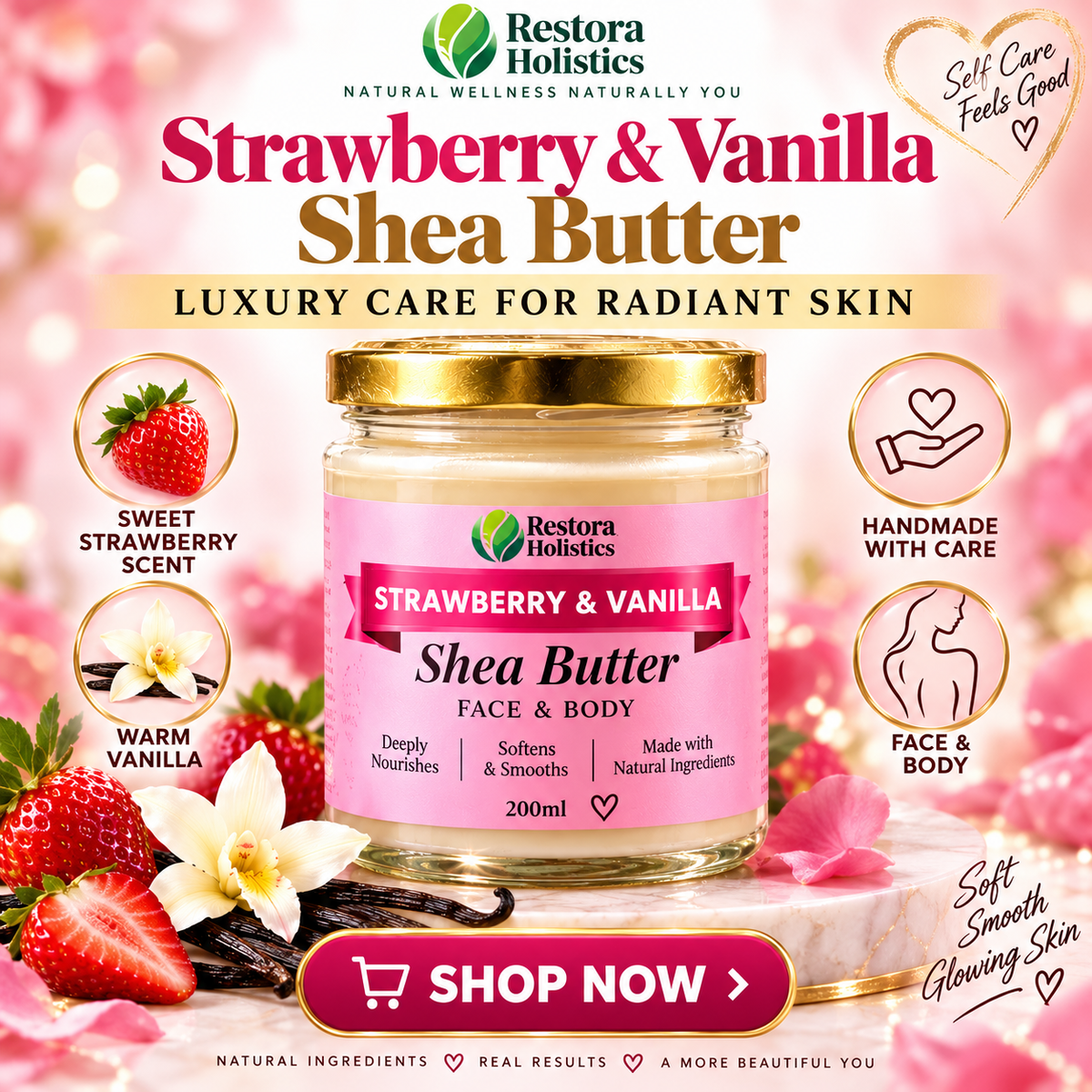 Strawberry Vanilla Shea Body Butter Dry Skin Moisturiser Face Body 200ml